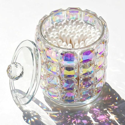 Crystal Qtip Holder Dispenser, 17oz Bathroom Canisters with Lid for Cotton Balls,Swabs,Floss Picks,Hair Accessories, Iridescent Glass Apothecary Jars with Lids,Vanitys Bathroom Organizer and Storage