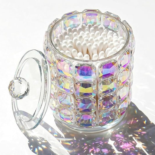 Crystal Qtip Holder Dispenser, 17oz Bathroom Canisters with Lid for Cotton Balls,Swabs,Floss Picks,Hair Accessories, Iridescent Glass Apothecary Jars with Lids,Vanitys Bathroom Organizer and Storage