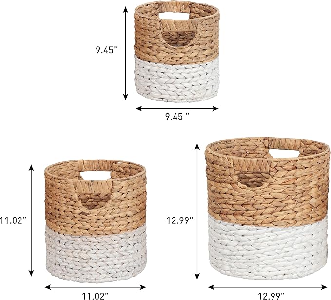 happimess BSK2011E-3SET Avery Bohemian Cottage Handwoven Hyacinth Cylinder Nesting Baskets with Handles, Natural/White (Set of 3)