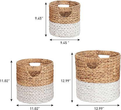 happimess BSK2011E-3SET Avery Bohemian Cottage Handwoven Hyacinth Cylinder Nesting Baskets with Handles, Natural/White (Set of 3)