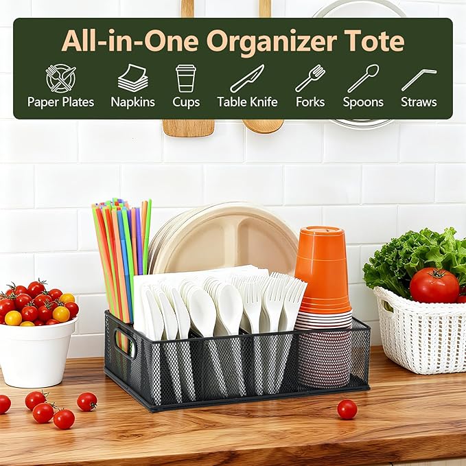Metal Silverware Caddy for Countertop – 7 Compartment Paper Plate and Utensil Organizer with Side Handles – Cutlery Holder for Party, Buffet, Picnic, or Kitchen Table