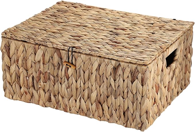 Hipiwe Handwoven Wicker Basket Natural Water Hyacinth Storage Bin with Lid Decorative Shelf Basket with Handles for Closet Living Room Bathroom, 17.0" L x 13.2" W x 7.0" H