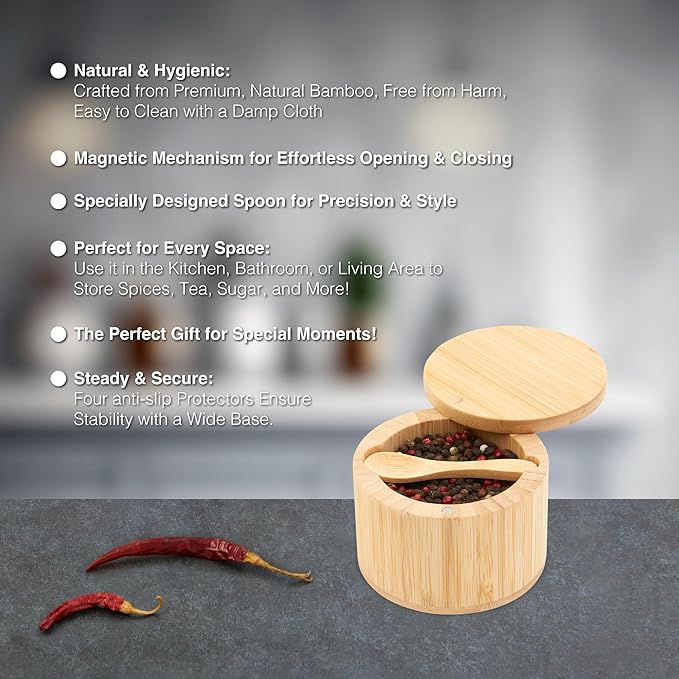Bamboo Salt Cellar with Lid & Spoon – 6oz Magnetic Swivel Top Spice Container – Airtight Kitchen Storage for Salt, Spices – Stylish Bamboo Design with Easy Seal Magnetic Lid