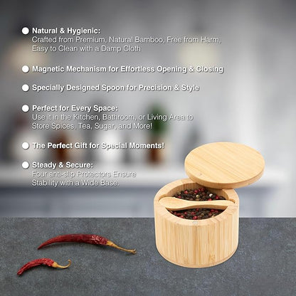 Bamboo Salt Cellar with Lid & Spoon – 6oz Magnetic Swivel Top Spice Container – Airtight Kitchen Storage for Salt, Spices – Stylish Bamboo Design with Easy Seal Magnetic Lid