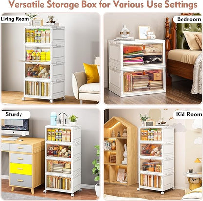 CTSNSLH 4 Tier Plastic Storage Bins with Lid - 28Qt Stackable with Lids for Bedroom, Living Room, Office - Foldable Containers, Household Organization