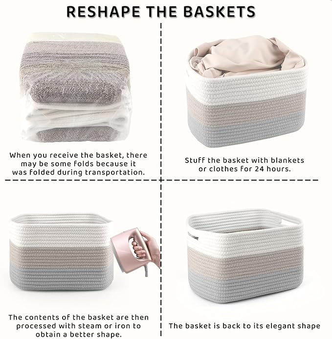 4 Pack Large Storage Baskets for Organizing, 16''Lx12''Wx8''H Woven Baskets for Storage Toys, Towels, Books, and Clothes, Cotton Rope Basket for Shelves with Handle