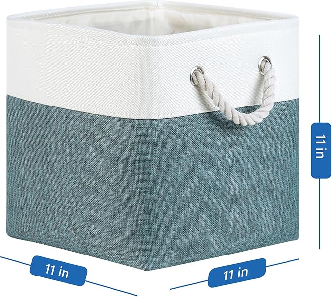 Temary 4Pack Storage Cubes 11x11 Cube Storage Bins Basket for Organizing Home, Closet, Office, Decorative Baskets with Rope Handles (White&Dark Green)