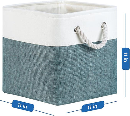 Temary 4Pack Storage Cubes 11x11 Cube Storage Bins Basket for Organizing Home, Closet, Office, Decorative Baskets with Rope Handles (White&Dark Green)