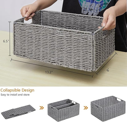Vagusicc Wicker Storage Basket, Set of 2 Hand-Woven Paper Rope Wicker Basket, Small Storage Baskets for Organizing Toilet Paper, Foldable Large Cube Storage Organizer Bins for Shelves (Grey)