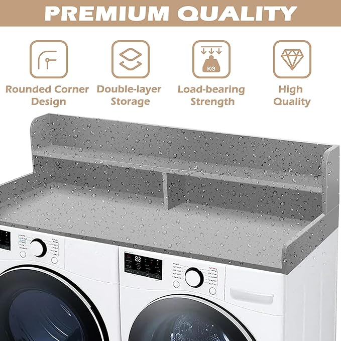 Royxen Laundry Countertop with 2-Tier Shelf Universal Fit, Washer and Dryer Countertop with Storage Space, Shelf Height 11.5 Inches, Solid Wood Core, Grey