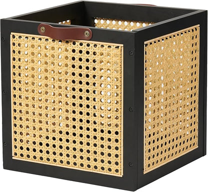 Rattan Storage Cubes Wooden Storage Baskets Boxes Decorative Natural Handmade Bohemian Solid Wood Woven Wicker Cane Bin Closet Shelf Clothes Organizer Books Magazine Holder (Black)