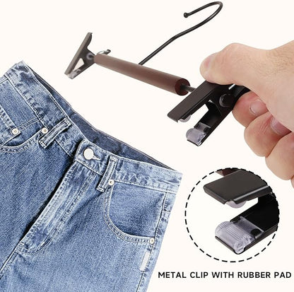 12-Pack Wire Pants Hangers with Adjustable Clips, Premium Wooden Skirt Hangers, Non-Slip Clamp Bottom Hangers for Trousers, Jeans, Shorts & Clothing Organization (Black)