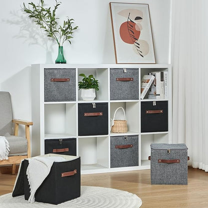 2PCS Storage Cubes with Lid Fabric Storage Bins Boxes PU Leather Handles Cotton Linen Closet Organizer Container Decorative Foldable Washable Shelf Cloth Basket (Zipper Lid, Black, 11in)