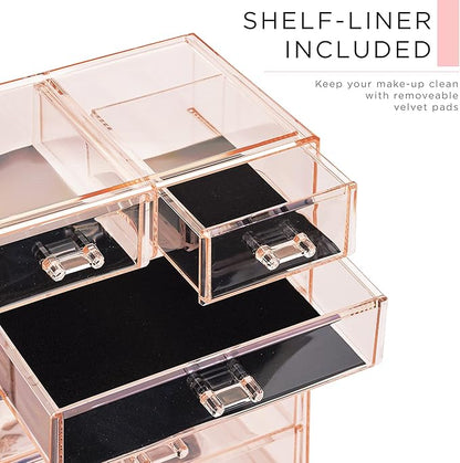 Sorbus Acrylic Makeup Organizer Set, 6-Drawer Vanity & Countertop Cosmetic Storage with Small & Wide Compartments, Pink Makeup Storage for Brushes, Jewelry – Holiday Gift for Women & Teens