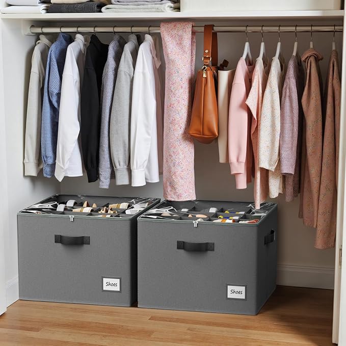 PHINOX Shoe Organizer for Closet, 2 Pack Fabric Shoe Organizer Storage Box, Shoe Storage Containers with Clear Cover, Closet Shoe Storage for Boots Sandals Slippers,Fits 16-32 Pairs, Gray
