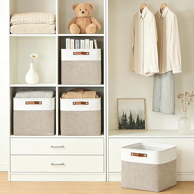 Bagnizer 13x13 Cube Storage Bins, Collapsible Fabric Storage Box, 4 Pack Closet Baskets with Handles for Organizing, Shelf, Toys, Clothes, Home, Office, Nursery (Beige&White)