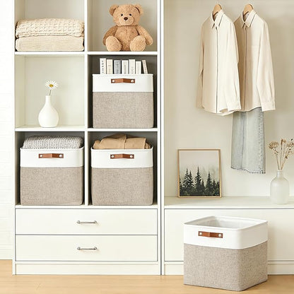 Bagnizer 13x13 Cube Storage Bins, Collapsible Fabric Storage Box, 4 Pack Closet Baskets with Handles for Organizing, Shelf, Toys, Clothes, Home, Office, Nursery (Beige&White)
