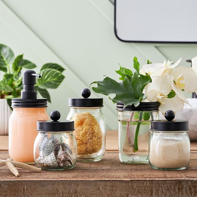 Mason Jar Bathroom Accessories Set – 5-Piece Bathroom Set with Toothbrush Holder, Soap Dispenser, Canister, and 2 Small Jars by Lavish Home (Black)