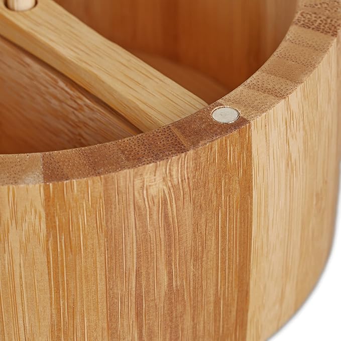 Relaxdays Salt Container with Lid & Spoon, 2 Compartments, Bamboo, Spice Container, H x D 6.5 x 12.5 cm, Magnetic Closure, Natural