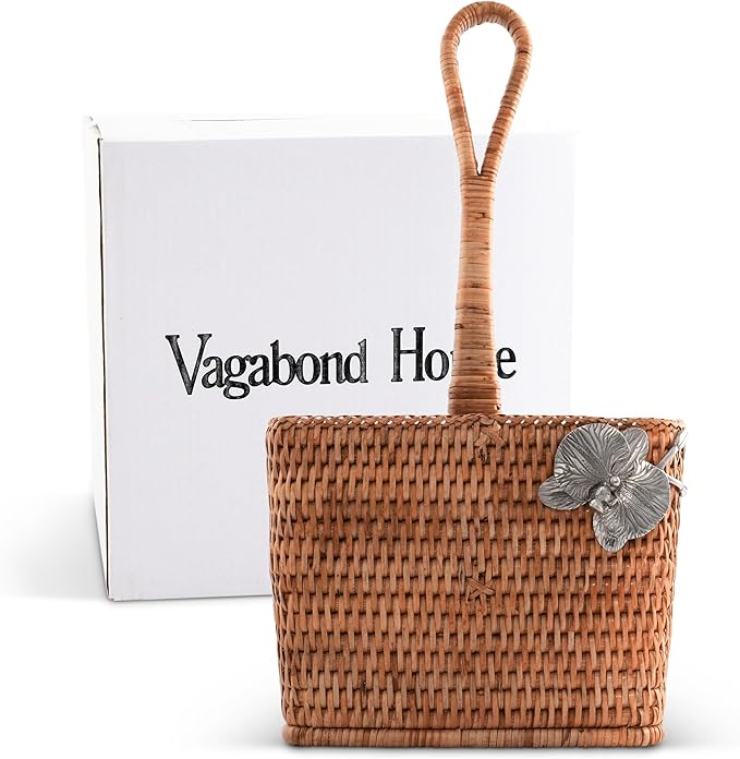 Vagabond House Utensil Caddy - Elegant Rattan Cutlery Holder for Party, Designer Utensil Holder with 4 Compartments, Functional Wicker with Pewter Orchid Flower, Ideal for Tropical Home 12 Inches