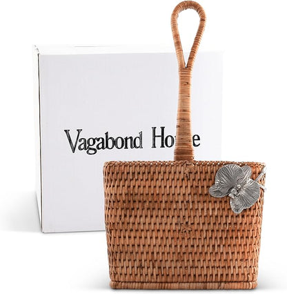 Vagabond House Utensil Caddy - Elegant Rattan Cutlery Holder for Party, Designer Utensil Holder with 4 Compartments, Functional Wicker with Pewter Orchid Flower, Ideal for Tropical Home 12 Inches