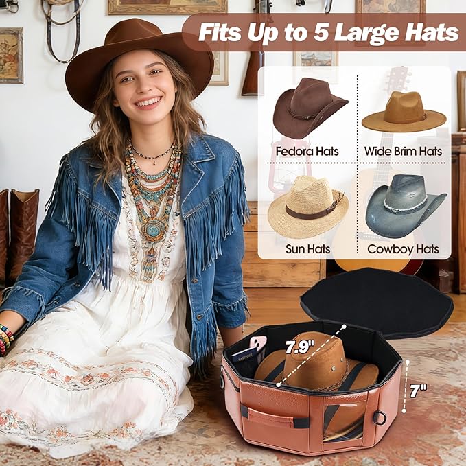 Vegan Leather Cowboy Hat Box for Travel - Large Octagonal Hat Travel Case Fits up to 5 Wide Brim Hats - Padded Hat Storage Organizer with Trolley Sleeve, Clear Window & Shoulder Strap, Brown