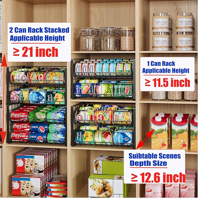 JKsmart 2-Tier Stackable Rack Organizer for Pantry, Adjustable Dispenser Holds Up to 88 Cans, Storage Holder for Various Ounces of Canned Drinks, Black, 3 Pack