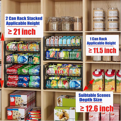 JKsmart 2-Tier Stackable Can Rack Organizer for Pantry, Adjustable Can Dispenser Holds Up to 60 Cans, Can Storage Holder for Various Ounces of Canned Food Soda Drinks, Black, 2 Pack