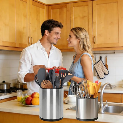 Nigelia Set of 2, Extra Large Kitchen Utensil Holder, 360° Rotating Stainless Steel Cooking Utensil Holder for Countertop, 3 Compartment Flatware Organizer (Silvery)