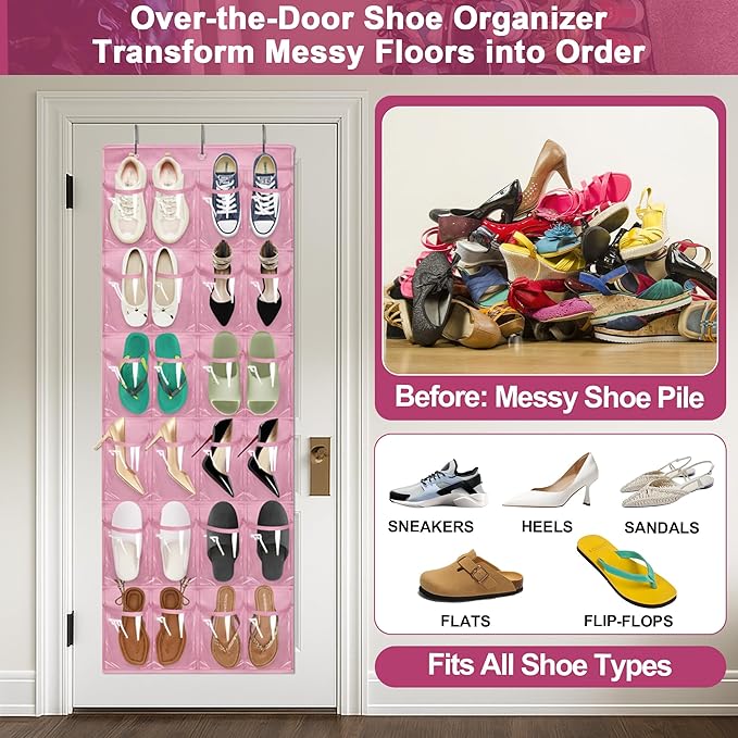 Over-the-Door Kids Shoe Organizer, Pink Shoe Rack for Door, 24 Crystal Clear Pockets, Heavy-Duty Hanging Organizer, 3 Metal Hooks for Toddler Shoes