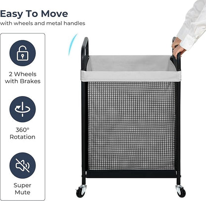 STO STO Laundry Hamper, 90L Rolling Laundry Sorter Cart with Removable and Washable Liner Bag, Clothes Hamper with Wheels and Metal Handle for Laundry Room and Bedroom, Gray