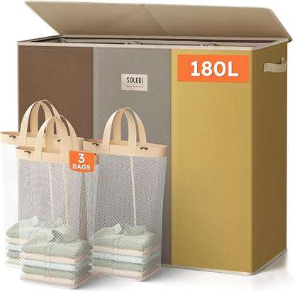 SOLEDI 180L 3-Section Laundry Hamper with Lid, Extra Large Dirty Clothes Basket with Sturdy Handles for Laundry Room & Bedroom - Durable Organizer for Sorting Laundry