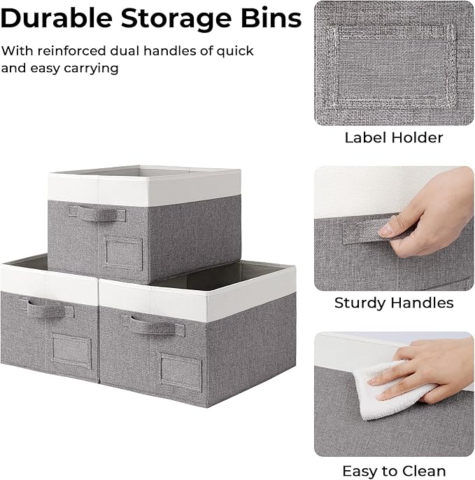 GRANNY SAYS Fabric Storage Bins, Closet Storage Bins for Clothes, Shelf Storage Baskets with Handles, Collapsible Storage Boxes, Decorative Storage Containers, Gray&White, Medium, 3-Pack