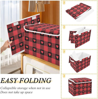 senya Valentines Storage Baskets Collapsible Storage Bins with Lids, Red Buffalo Check Gingham Love Heart Storage Boxes Clothes Baskets for Organizing