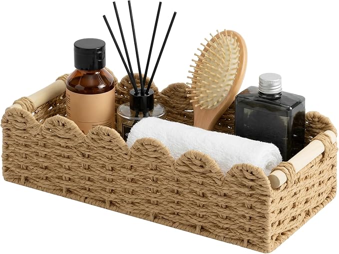 StorageWorks Toilet Paper Storage Basket, Toilet Basket with Wooden Handles, Small Wicker Decorative Scalloped Baskets for Organizing, Living Room, Top Tank, Brown Rope Baskets