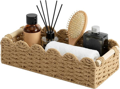StorageWorks Toilet Paper Storage Basket, Toilet Basket with Wooden Handles, Small Wicker Decorative Scalloped Baskets for Organizing, Living Room, Top Tank, Brown Rope Baskets