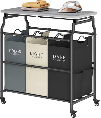 Hoctieon 3 Section Laundry Sorter Cart with Ironing Board, Laundry Hamper Basket with Shelf and Wheels, Heavy Duty Clothes Organizer, Large Clothes Separator with Removable Bags, Black+Gray+Beige