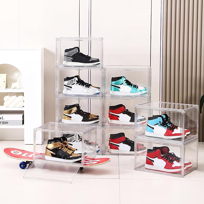 BVBOX Acrylic Shoe Storage Boxes with Magnetic Door - 360° Clear Stackable Shoe Display Box Set, Plastic Shoe Cabinet Rack Box for Sneakers Heels Shoes (1, Clear, XL - Side Open)