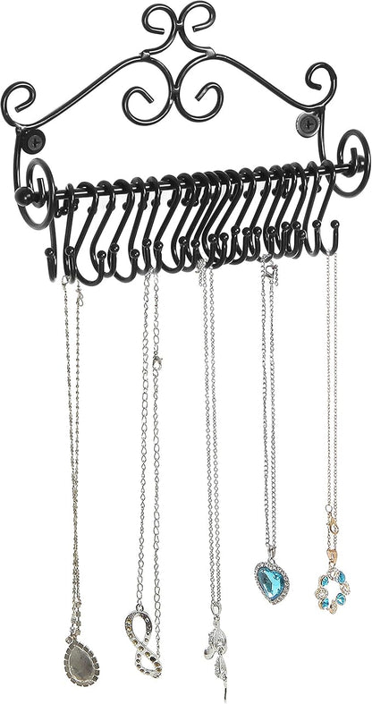 MyGift Necklace Holder Wall Mount, Set of 2 Jewelry Organizer - Black Metal Scrollwork Design Necklace Hanger Jewelry Display Storage Rack with 20 Hanging S-Hooks