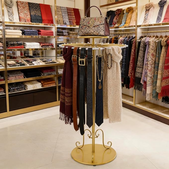 360° Rotating Gold Scarf Display Tie Rack Belt Hanger Holder Shawl Shelf, Adjustable Height Boutique Retail Display Stand Home Organizer for Commercial Clothing Store, Bedroom