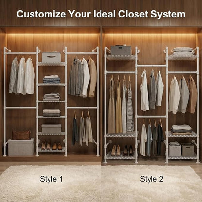 F3 Wall Mounted Closet System, Industrial Pipe Clothing Rack for Hanging Clothes, Heavy Duty Closet Organizer System, Clothes Racks with Shelves & Expandable Rod for Wardrobe, Corner, White
