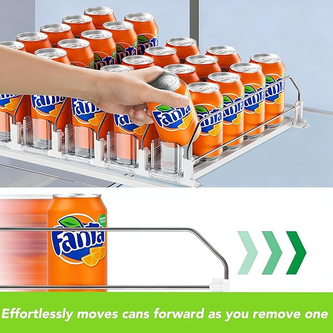 White Fridge Organizer, Automatic Can Dispenser & Drink Rack - Holds up to 25 Cans (12oz/16oz/20oz), Adjustable Gliding Soda & Beer Organizer for Refrigerator - Space Saving Kitchen Storage