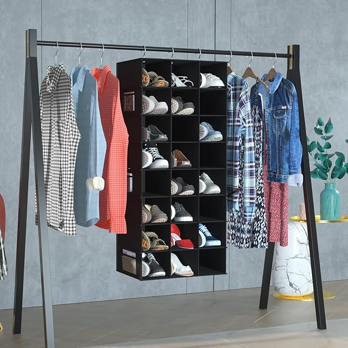 Hanging Shoe Organizer for Closet, 24 Sections Shoe Holder Hanger Rack, Space-Saving Shoe Organizers and Storage, Black