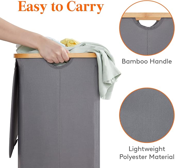 Lifewit 100L Laundry Basket with Lid, Clothes Hampers for Laundry with Bamboo Handles and 1 Removable Bag, Large Foldable Laundry Hamper for Bedroom, Bathroom, Dorm, Laundry Room, Gray