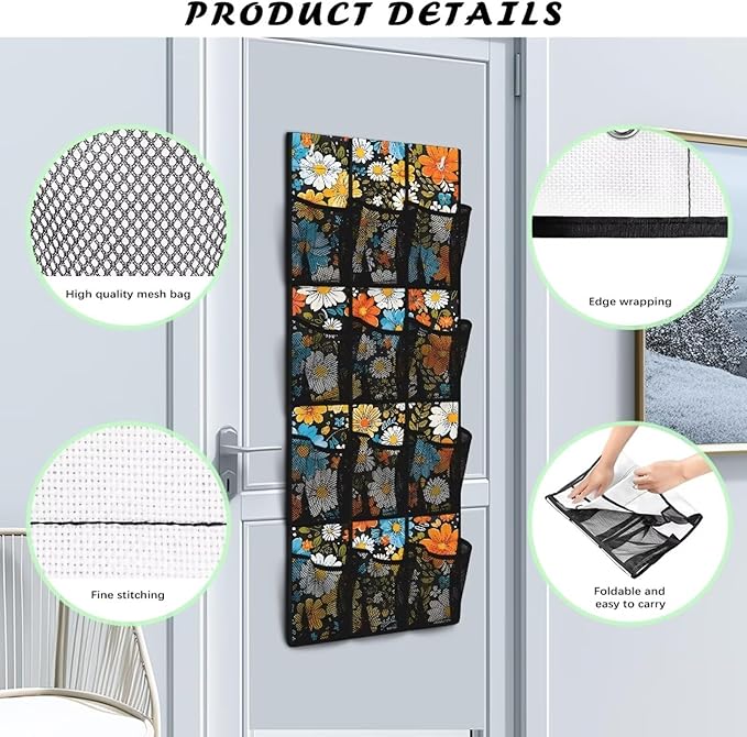 Hippie Flowers Space Saving Hanging Shoe Organizer,Entryway Bedroom Bathroom Storage Bags with 12 Mesh Large Pockets,Unique Print
