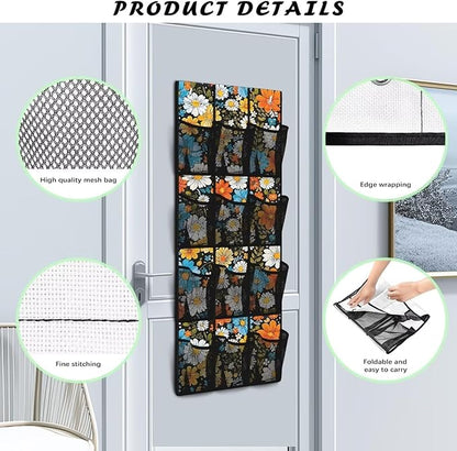 Hippie Flowers Space Saving Hanging Shoe Organizer,Entryway Bedroom Bathroom Storage Bags with 12 Mesh Large Pockets,Unique Print