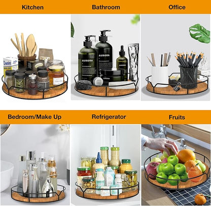 Lazy Susan Turntable Organizer with Anti-Slip Mat for Cabinet Pantry Kitchen Countertop Refrigerator Office, Pine Wood, 10", Carbonized Black