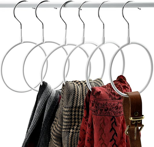 6 Pcs Circle Scarf Ring Hangers Non-Slip Belt Holder Hanger with Hook Scarf Organizers Belt Ties Hanger Rack for Tank Tops Scarves Ties Belts Wardrobe Storage Rack Closet Accessory Hangers, White