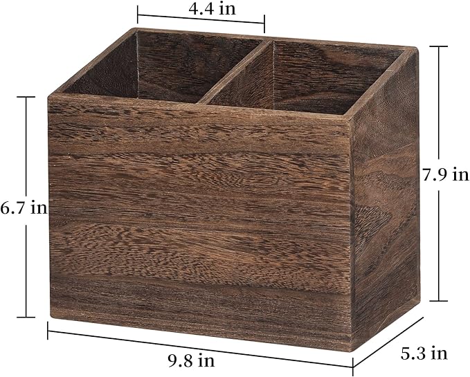Wooden Kitchen Utensil Caddy With 2 Compartments, Rustic Utensil Holder for Kitchen Countertop, Wood Utensil Crock Organizer Box for Farmhouse Kitchen Decor (brown)