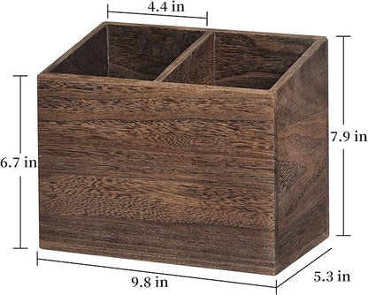 Wooden Kitchen Utensil Caddy With 2 Compartments, Rustic Utensil Holder for Kitchen Countertop, Wood Utensil Crock Organizer Box for Farmhouse Kitchen Decor (brown)